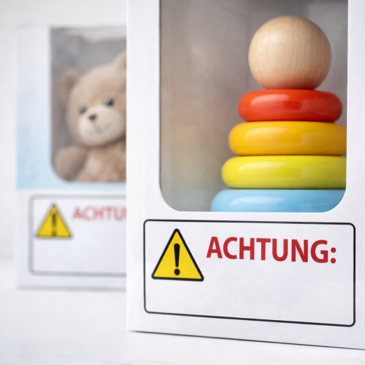 Den Warnhinweisen beim Verkauf von Spielzeug ist das Wort "Achtung" zwingend voranzustellen