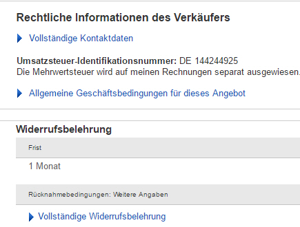 Änderungen im Layout von eBay.de: AGB, Widerrufsbelehrung und Impressumsangaben werden nicht mehr direkt angezeigt